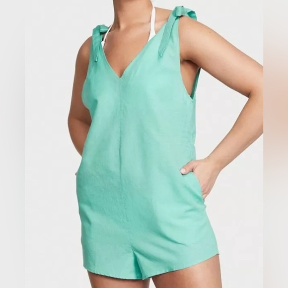 Victoria Secret Swim Linen Blend Romper Cover Up Aqua NEW Small Nautical Preppy - Picture 1 of 6